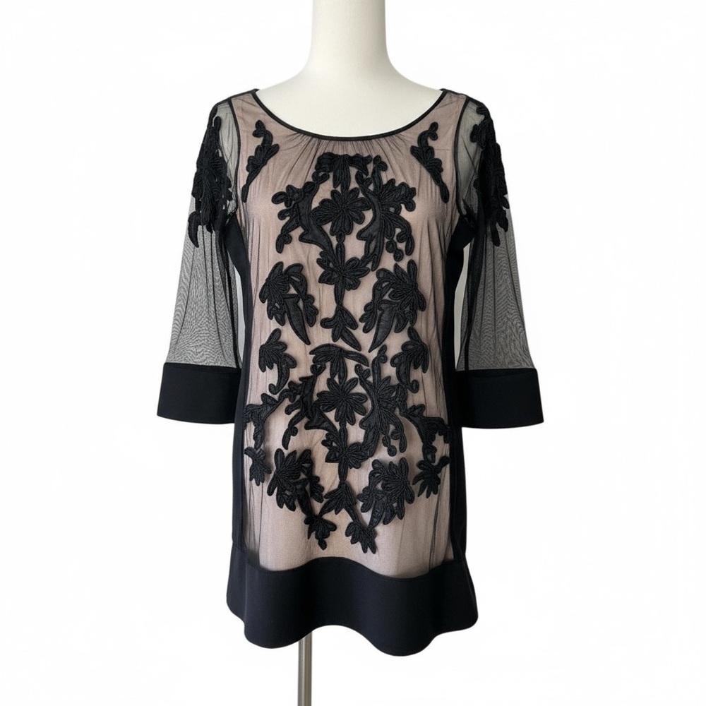 Women's SZ 2 Black and Beige Sheer Floral Embroidered Dress
